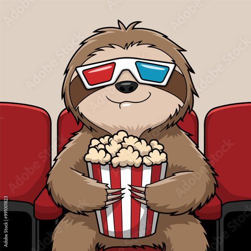 cartoon sloth wearing 3D glasses and holding a bucket of popcorn.