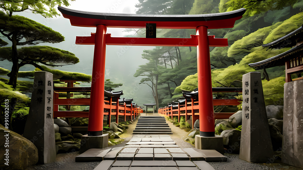 Obraz premium Japanese Tori Gate With Forest and Trees in the Background