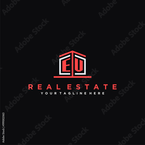 EV Initials Modern Logo Design for a Real Estate Company Featuring a Unique Icon and Bold Typography on a Black Background