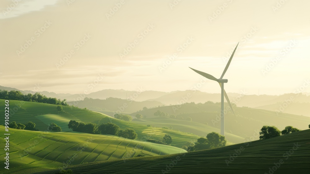 Obraz premium A lone wind turbine stands amidst rolling green hills under a soft, golden sky, emphasizing renewable energy and an idyllic landscape.