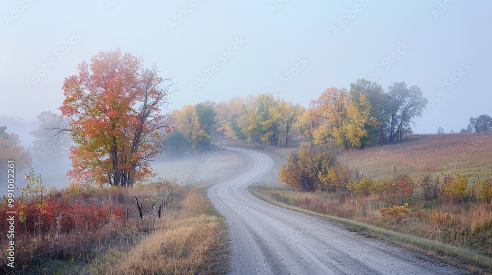 A winding country road meanders through an autumn landscape enveloped in a delicate morning fog, creating a serene and nostalgic scene. A winding country road meanders through an autumn landscape enveloped in a delicate morning fog, creating a serene and nostalgic scene.