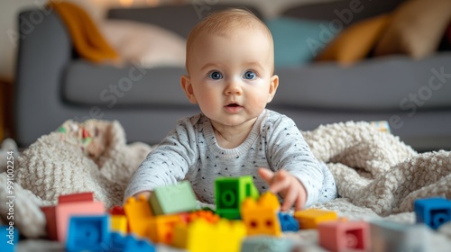 A baby girl plays with colorful blocks on a soft blanket.