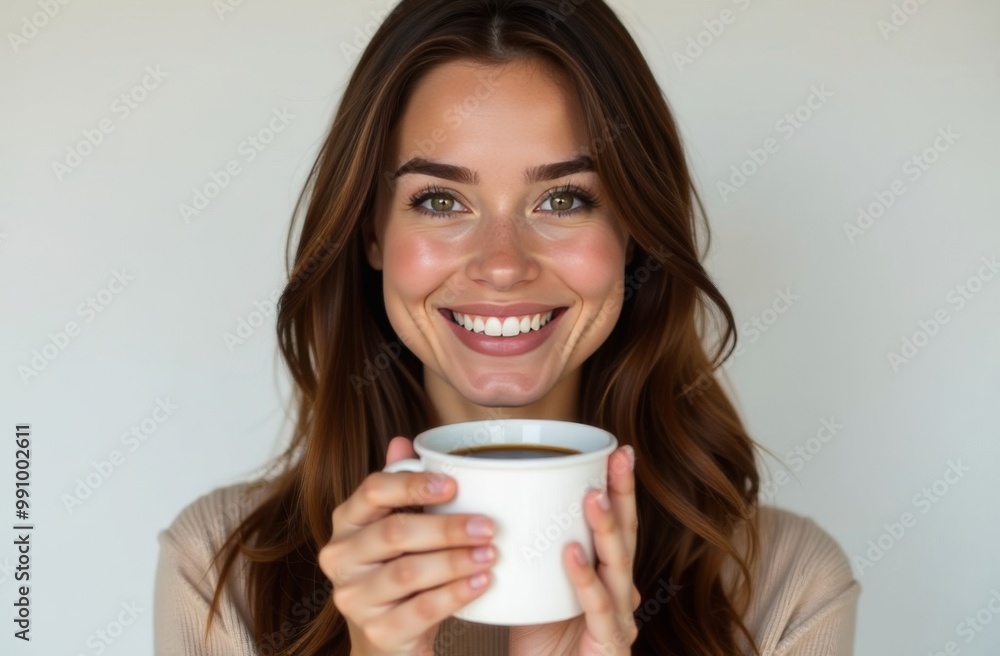 A young girl stands with a paper cup for takeaway coffee drinks or tea on a white background. Place for text A young girl stands with a paper cup for takeaway coffee drinks or tea on a white background. Place for text