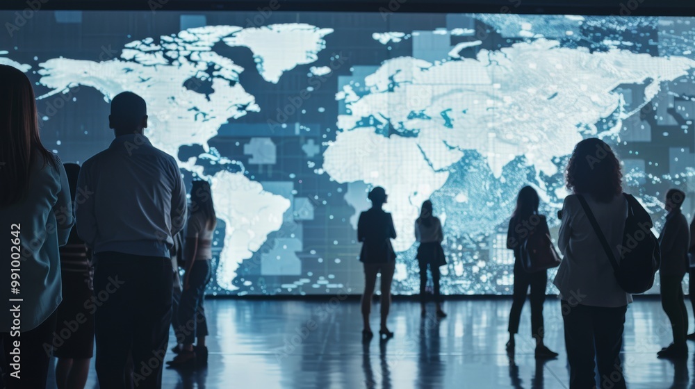 A group of people engaged in conversation under a massive digital map display in a modern setting, representing connectivity and information sharing. A group of people engaged in conversation under a massive digital map display in a modern setting, representing connectivity and information sharing.