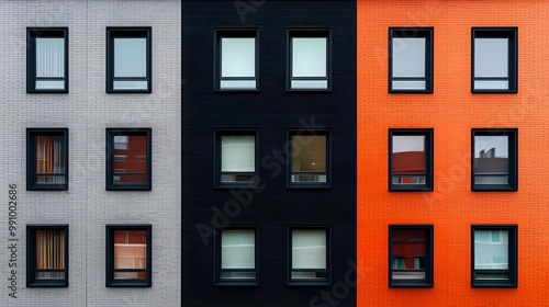 Modern building facade with three color sections and windows