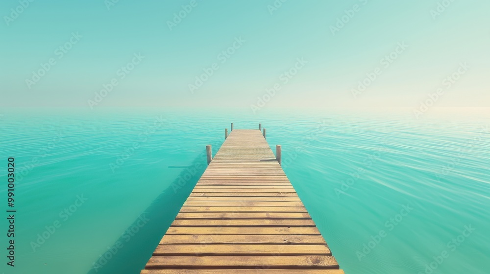 Serene wooden pier stretches into calm turquoise sea under a clear sky, perfect for relaxation or travel concept. Serene wooden pier stretches into calm turquoise sea under a clear sky, perfect for relaxation or travel concept.