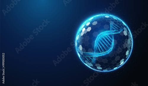 Abstract illustration of human dna helix protected by shield barrier in low poly style. Blue geometric background depicting human genome health care medical concept by wireframe connection structure