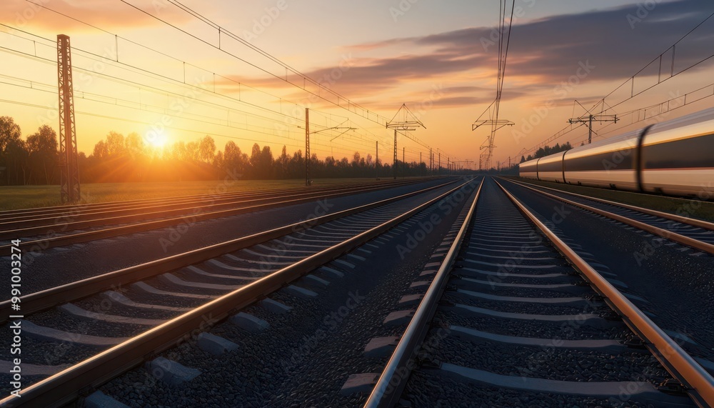 Scenic view of railway tracks stretching toward a vibrant sunset sky, showcasing tranquility and the beauty of travel. Scenic view of railway tracks stretching toward a vibrant sunset sky, showcasing tranquility and the beauty of travel.