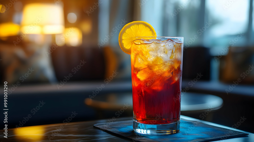 A Refreshing Red tea with Ice and a Lemon Garnish in a Modern Setting A Refreshing Red tea with Ice and a Lemon Garnish in a Modern Setting