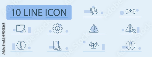 Warning and alert set icon. Caution, exclamation mark, danger, error, attention, settings, triangle, alarm, issue, problem, signal, notification, hazard, emergency, critical, mistake, fault.