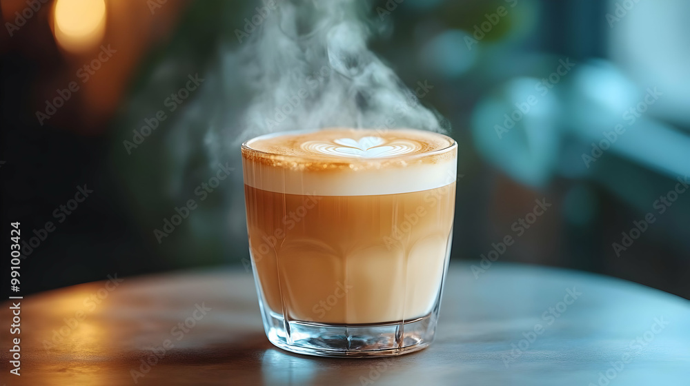 Steaming Glass of Latte Art Coffee Sits on a Table with a Blurred Background Steaming Glass of Latte Art Coffee Sits on a Table with a Blurred Background