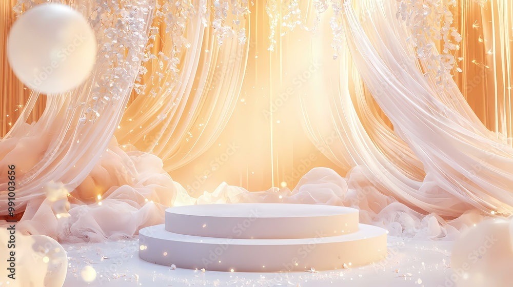 A two-tiered white platform sits in the center of the image, surrounded by delicate white curtains, light beige fabric, and shimmering lights. A two-tiered white platform sits in the center of the image, surrounded by delicate white curtains, light beige fabric, and shimmering lights.