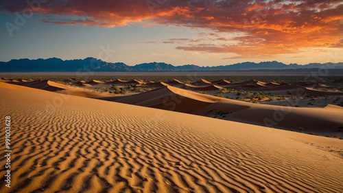 dramatic desert landscape at sunset.towering sand dunes with sharp, defined edges and deep shadows, with the sky painted in fiery oranges and reds as the sun dips below the horizon.