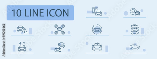 Automobile set icon. Car warning, parking, carpool, electric vehicle, car wash, car fleet, auto exchange, vehicle services, automobile, shared transport
