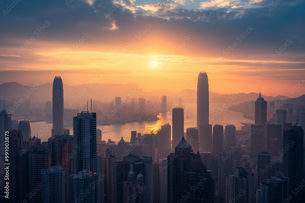 Cityscape at Sunset with Vibrant Orange Sky and Skyscrapers Cityscape at Sunset with Vibrant Orange Sky and Skyscrapers