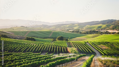 Wallpaper Mural Expansive vineyards stretch across rolling hills under a bright, clear sky, illustrating the beauty of agricultural landscapes on a sunny day. Torontodigital.ca
