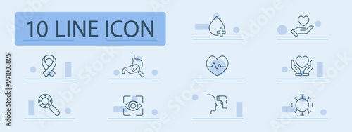 Health and care set icon. Awareness ribbon, stomach check, heart health, hands with heart, virus inspection, temperature check, eye scan, immunity