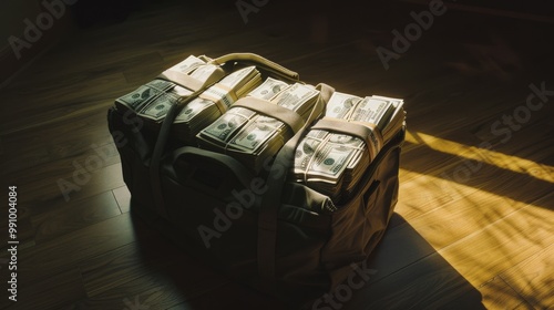 A duffle bag filled with bundles of U.S. dollars is illuminated by sunlight, suggesting an intriguing narrative of wealth and secrecy. photo