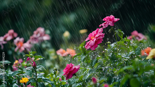 Rain-soaked flowers and plants in a garden, with droplets glistening on petals and leaves