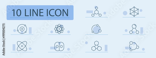 Science and molecule set icon. Atom, molecule structure, cell division, atomic orbit, scientific model, hexagons, chemical bonds, molecular diagram, atoms, research