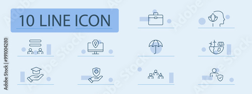 Education and security set icon. Briefcase, equality, head with leaf, computer security, umbrella protection, global sustainability, graduation, healthcare protection, hierarchy, safety