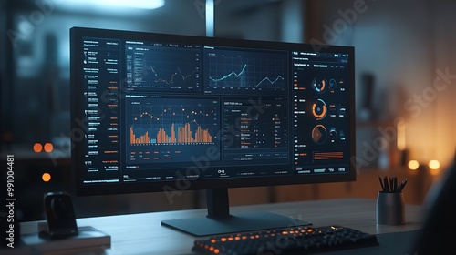 Computer monitor displaying an abstract network visualization