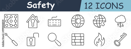 Safety set icon. Lock pattern, home security, keyboard, globe shield, global security, cloud connection, screwdriver, unlock, magnifying glass, firewall, flame, key