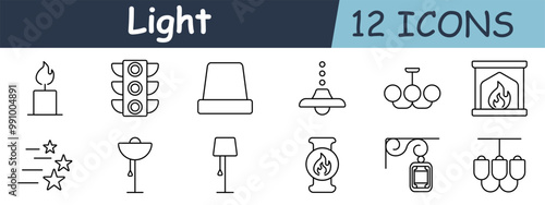 Light set icon. Candle, traffic light, lamp, ceiling light, chandelier, fireplace, shooting stars, pendant lamp, floor lamp, lantern, street light, hanging lamps