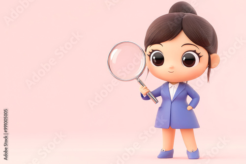 An investigator girl in a blue outfit holding a magnifying glass, representing curiosity and discovery, stands against a pink background.