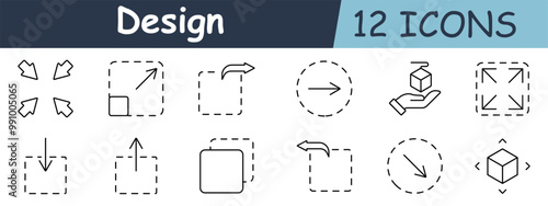 Design set icon. Arrows, dotted box, arrow circle, holding cube, expanding arrows, resizing, rotate, moving cube