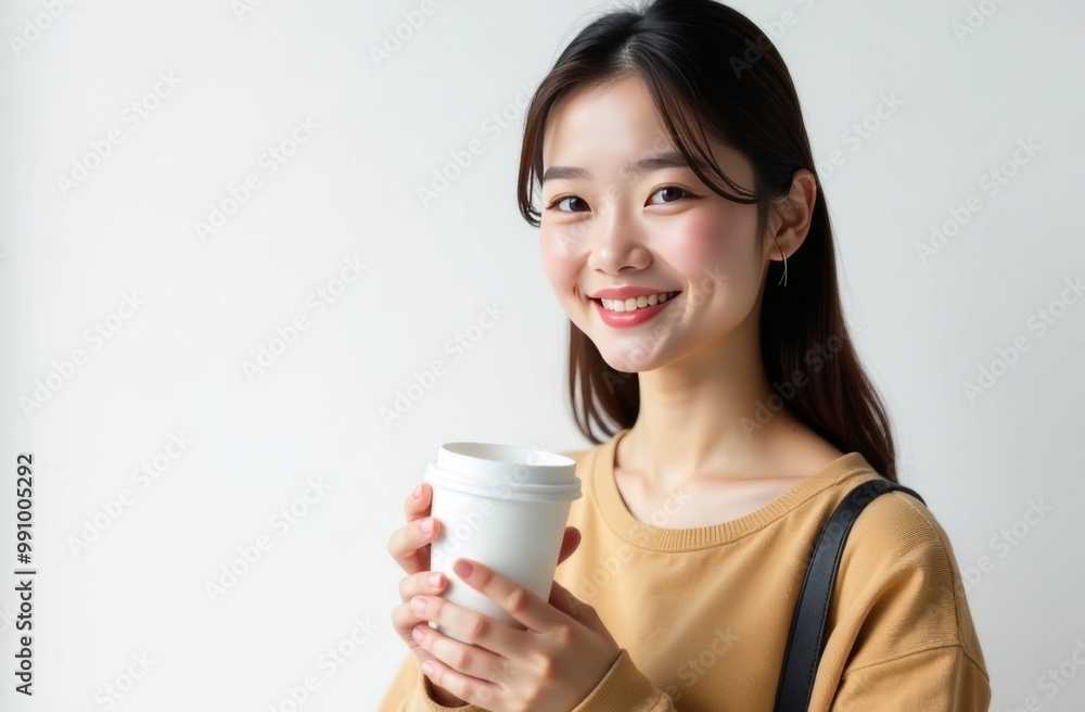 Asian woman standing with paper cup for takeaway coffee drinks or tea on white background. Place for text Asian woman standing with paper cup for takeaway coffee drinks or tea on white background. Place for text