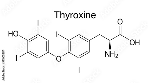 Thyroxine chemical formula, molecule of thyroxine hormone
