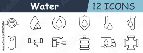 Water set icon. Water meter, drop with warning, recycling, shield with drop, thermometer, dripping pipe, boiler, leaking pipe, faucet, bottle, truck, water pipe fitting