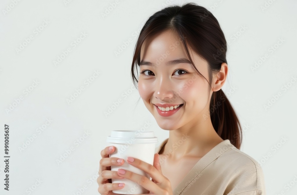 Asian woman standing with paper cup for takeaway coffee drinks or tea on white background. Place for text Asian woman standing with paper cup for takeaway coffee drinks or tea on white background. Place for text