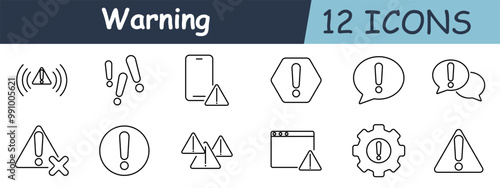 Warning set icon. Alarm signal, exclamation, phone, hexagon sign, speech bubble, crossed sign, circular, stacked triangles, browser with warning