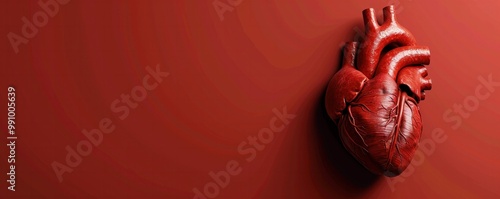 A highly detailed, anatomical 3D rendering of a human heart, highlighting veins and arteries, against a vibrant red background. photo