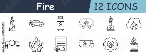 Fire set icon. Oil rig, car, gas tank, Bunsen burner, cloud, pipeline, hands holding, document, fire truck, gear with flame, stove