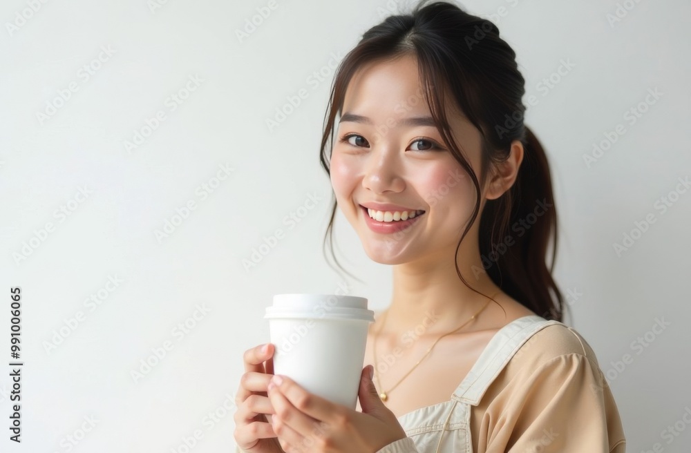 Asian woman standing with paper cup for takeaway coffee drinks or tea on white background. Place for text Asian woman standing with paper cup for takeaway coffee drinks or tea on white background. Place for text