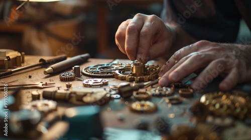 A focused individual working on intricate clock gears at a workbench, showcasing the precision and craftsmanship involved in horology.