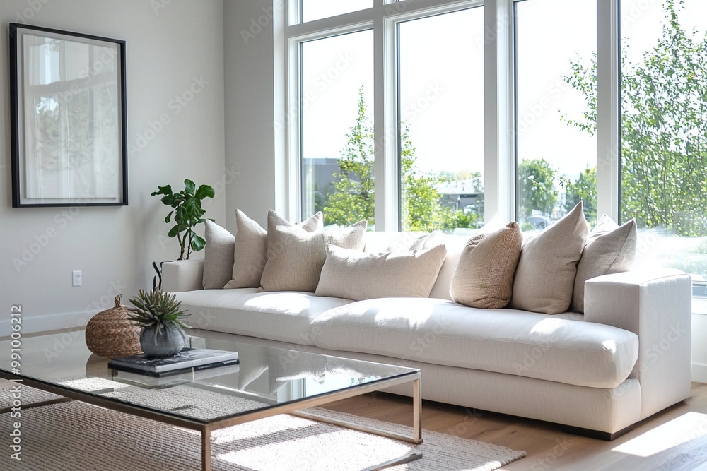 A photo of a mid-century modern interior in a house living room with windows and a sofa and table. Generative AI
A photo of a mid-century modern interior in a house living room with windows and a sofa and table. Generative AI