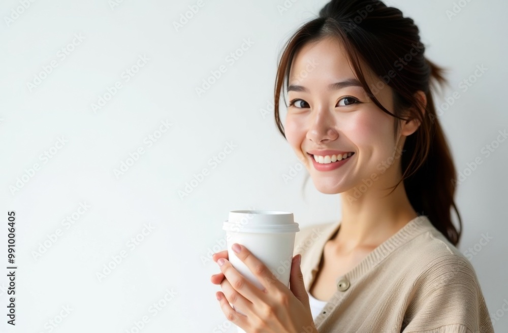 Asian woman standing with paper cup for takeaway coffee drinks or tea on white background. Place for text Asian woman standing with paper cup for takeaway coffee drinks or tea on white background. Place for text