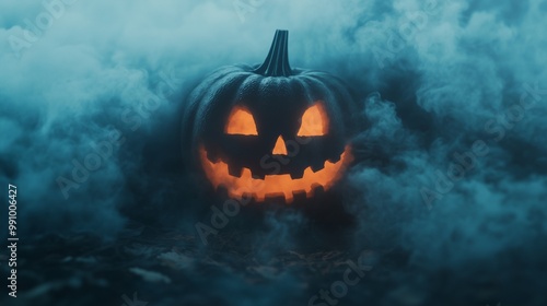 Halloween pumpkin glowing in a dark, foggy background photo