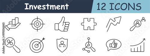 Investment set icon. Hand, chart, target, thumbs up, puzzle, arrow, magnifier, shield, person, percentage, growth, success, finance.