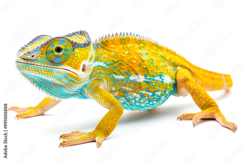 Naklejka premium Yellow blue lizard Panther chameleon isolated on white background