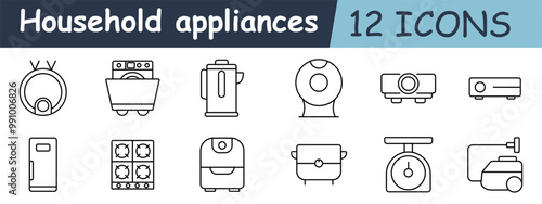 Household appliances set icon. Vacuum robot, dishwasher, coffee maker, webcam, projector, fridge, stove, air fryer, slow cooker, scale, sewing machine.