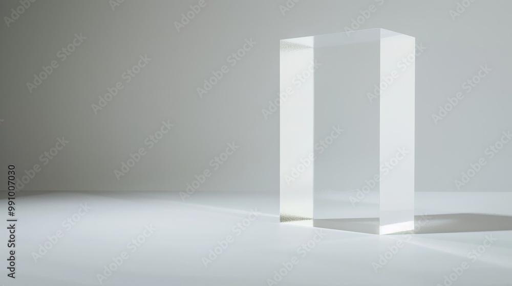 A clear, rectangular glass sculpture stands on a clean, minimalist surface in a softly lit, neutral-toned space. A clear, rectangular glass sculpture stands on a clean, minimalist surface in a softly lit, neutral-toned space.