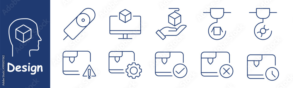 Design set icon. 3D printing, cube, computer, hand holding a cube, printer, warning, settings, checkmark, cross, clock, object creation, technology, printing error, control, maintenance Design set icon. 3D printing, cube, computer, hand holding a cube, printer, warning, settings, checkmark, cross, clock, object creation, technology, printing error, control, maintenance