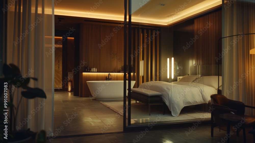 A modern, minimalist bedroom bathed in warm light, featuring clean lines, wooden accents, and a serene atmosphere ideal for relaxation. A modern, minimalist bedroom bathed in warm light, featuring clean lines, wooden accents, and a serene atmosphere ideal for relaxation.