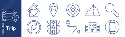 Trip set icon. Compass, traffic lights, house, heart, star, mountain, map, search, building, globe, travel planning, destination, favorite places, exploration, navigation, direction, location