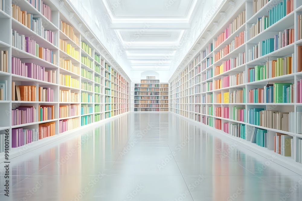 A perspective shot of a long hallway lined with white bookshelves, showcasing rows of colorful books. A perspective shot of a long hallway lined with white bookshelves, showcasing rows of colorful books.